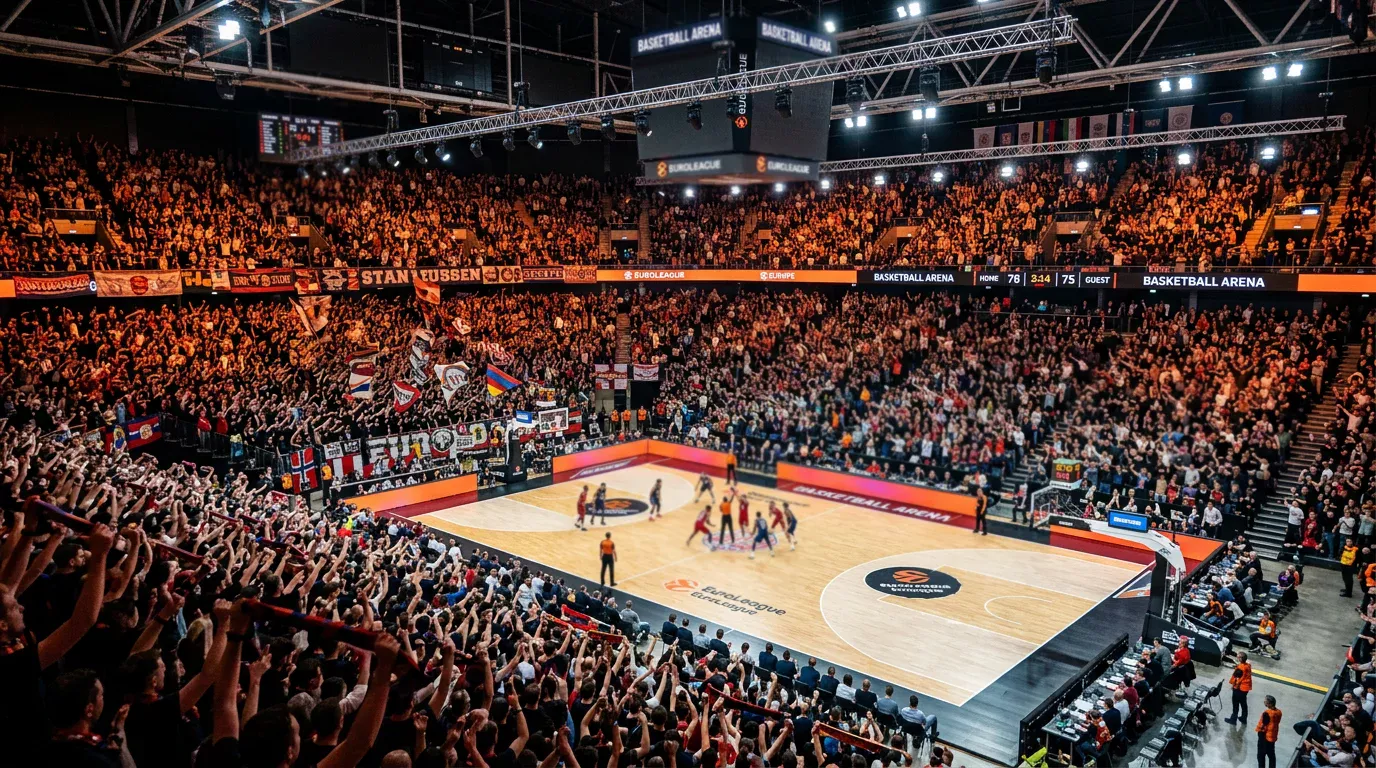 Aficionados en un pabellón de Euroliga animando durante un partido de baloncesto con las gradas llenas