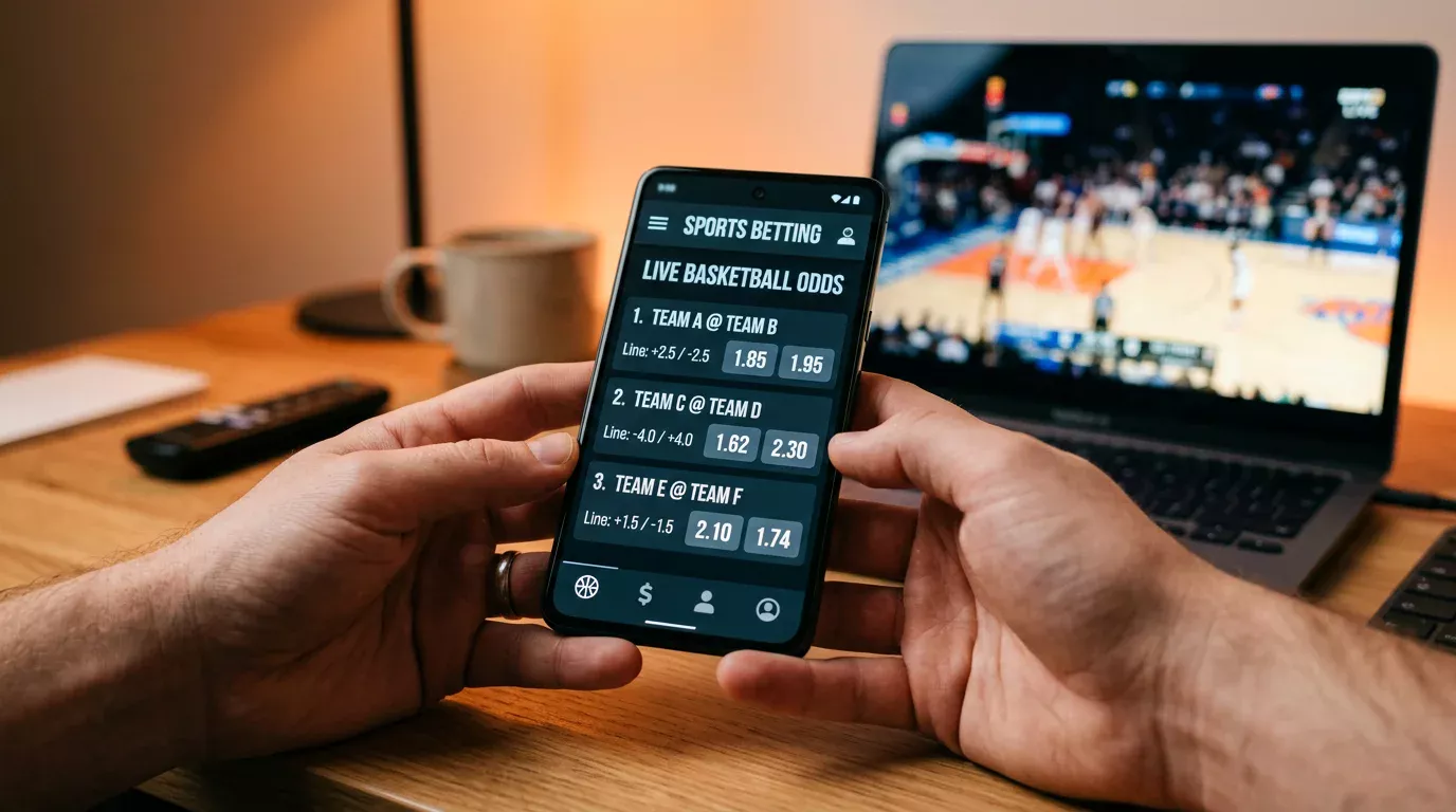 Pantalla de cuotas de apuestas de baloncesto europeo mostrando líneas de hándicap y totales en un dispositivo